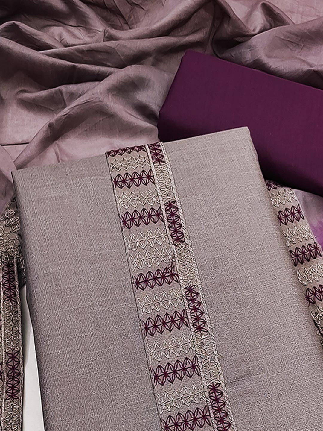 Grey Cotton Blend Dress Material with Intricate Embroidered Yoke and Ombre-Shaded Dupatta - Image 5