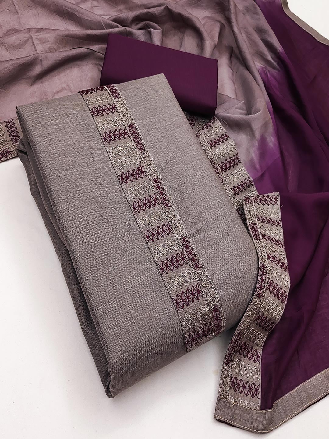 Grey Cotton Blend Dress Material with Intricate Embroidered Yoke and Ombre-Shaded Dupatta - Image 4