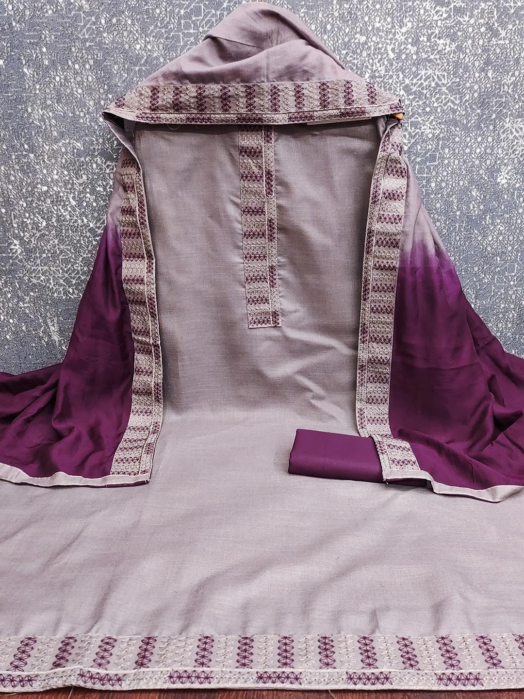 Grey Cotton Blend Dress Material with Intricate Embroidered Yoke and Ombre-Shaded Dupatta - Image 2