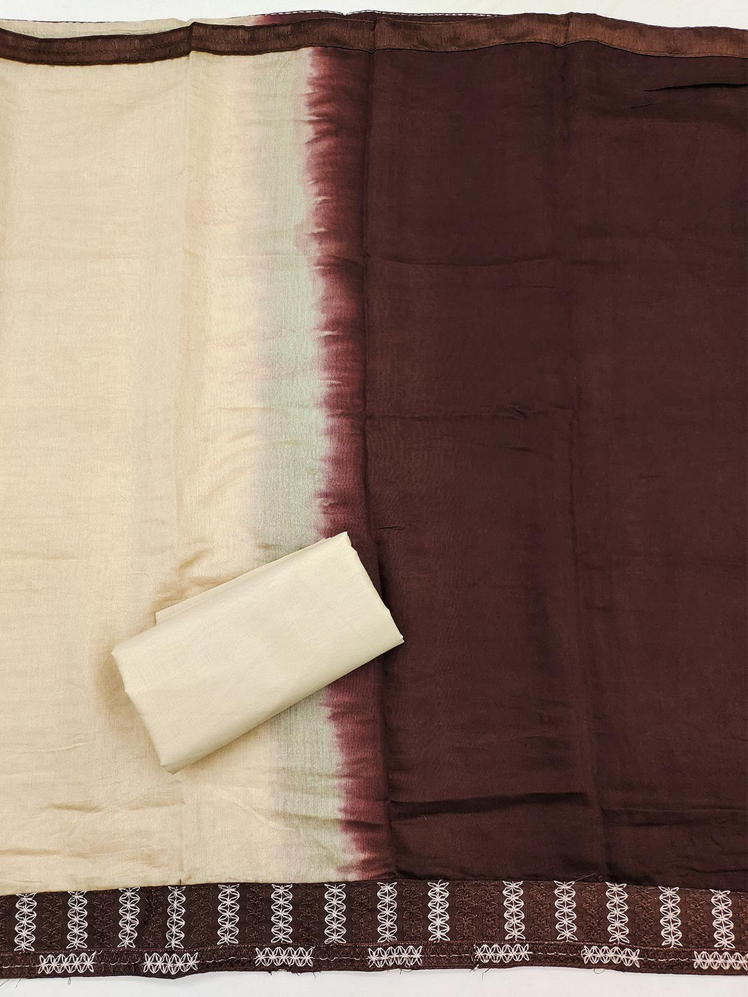 Brown Cotton Blend Dress Material with Intricate Embroidered Yoke and Ombre-Shaded Dupatta - Image 3