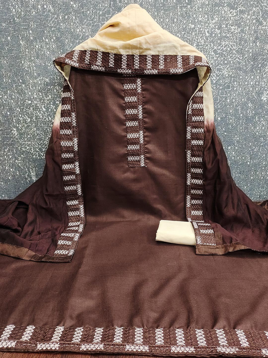 Brown Cotton Blend Dress Material with Intricate Embroidered Yoke and Ombre-Shaded Dupatta - Image 2