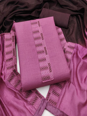 Pink Cotton Blend Dress Material with Intricate Embroidered Yoke and Ombre-Shaded Dupatta - Image 1