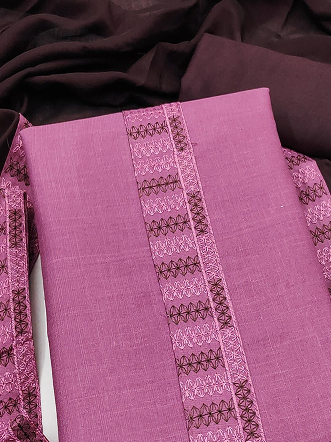 Pink Cotton Blend Dress Material with Intricate Embroidered Yoke and Ombre-Shaded Dupatta - Image 5
