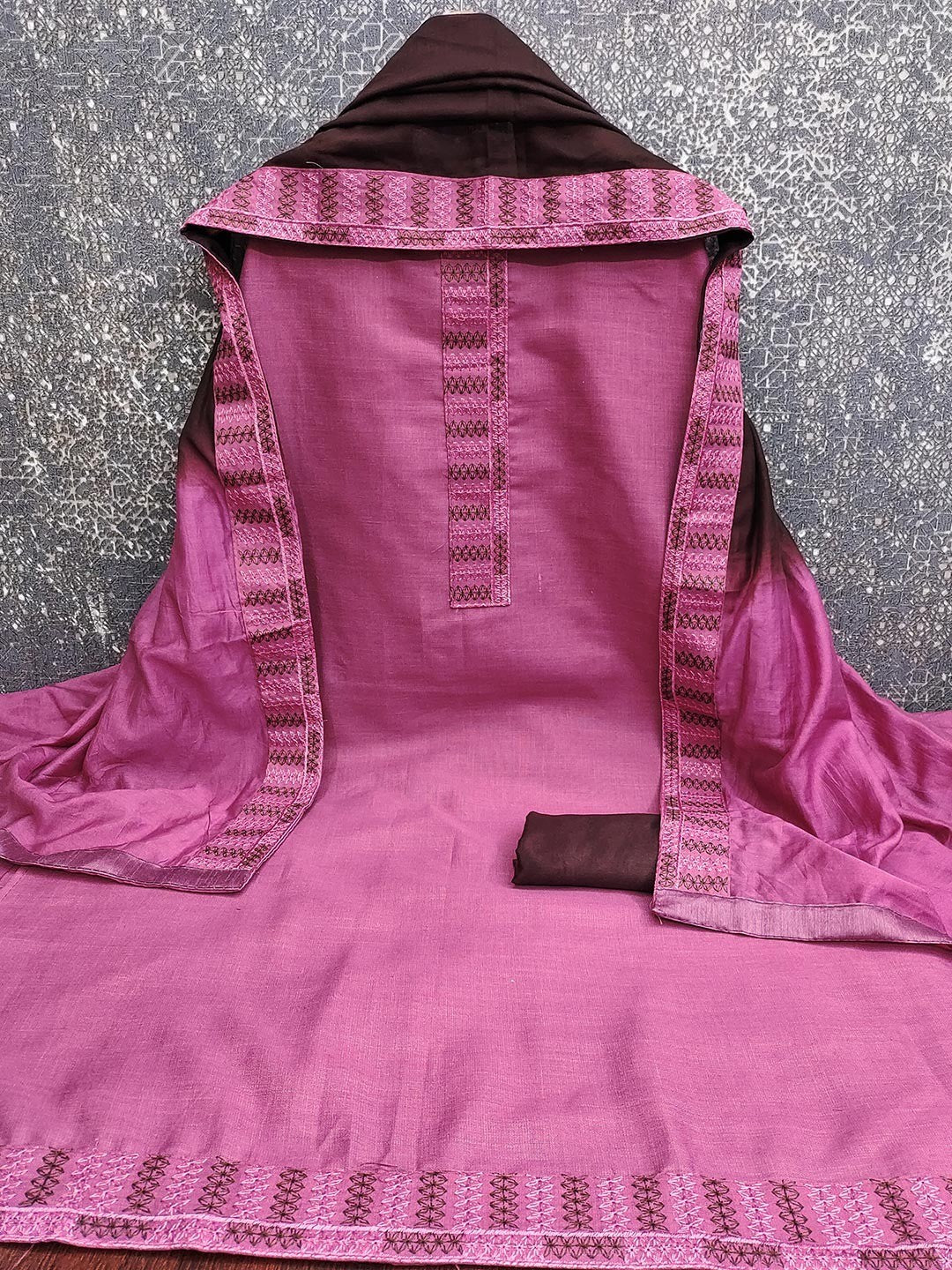 Pink Cotton Blend Dress Material with Intricate Embroidered Yoke and Ombre-Shaded Dupatta - Image 2