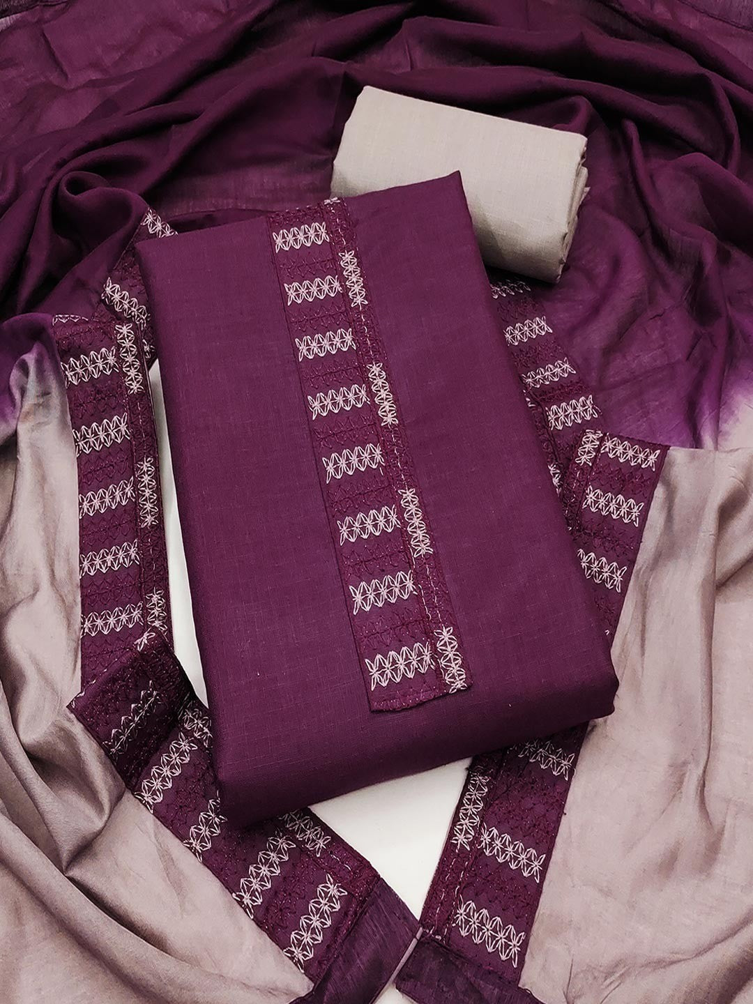Purple Cotton Blend Dress Material with Intricate Embroidered Yoke and Ombre-Shaded Dupatta - Image 1