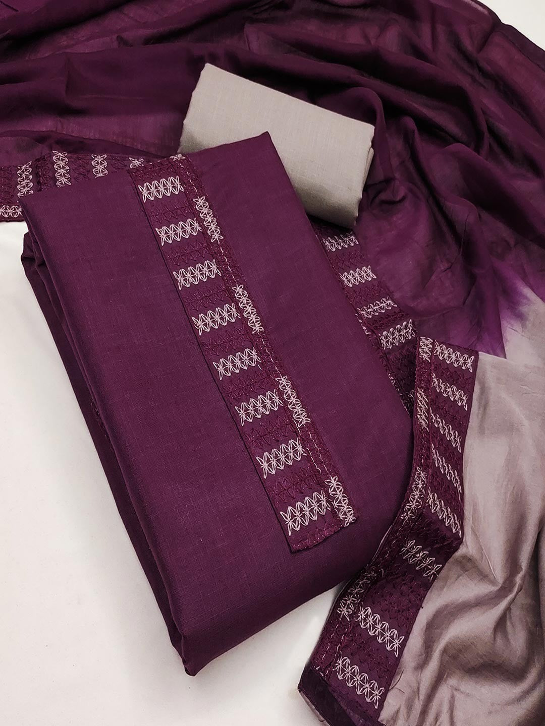 Purple Cotton Blend Dress Material with Intricate Embroidered Yoke and Ombre-Shaded Dupatta - Image 4