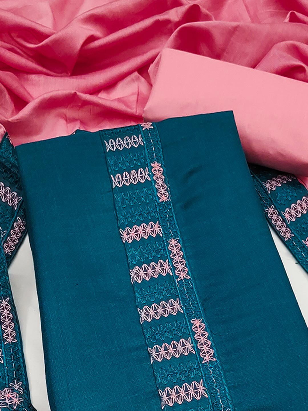 Teal Cotton Blend Dress Material with Intricate Embroidered Yoke and Ombre-Shaded Dupatta - Image 5