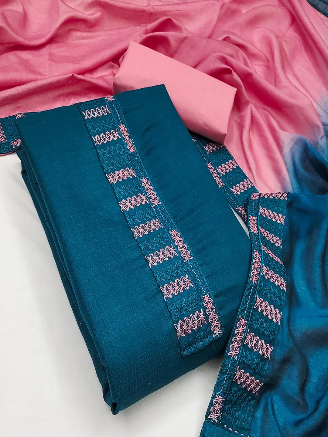 Teal Cotton Blend Dress Material with Intricate Embroidered Yoke and Ombre-Shaded Dupatta - Image 4
