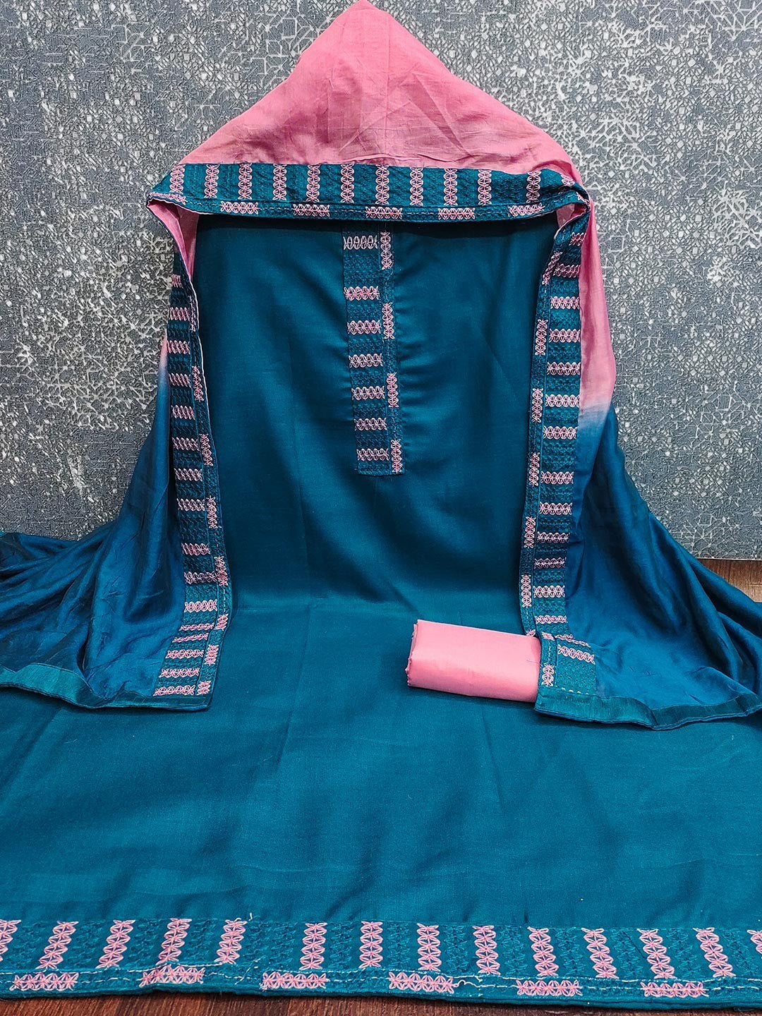 Teal Cotton Blend Dress Material with Intricate Embroidered Yoke and Ombre-Shaded Dupatta - Image 2