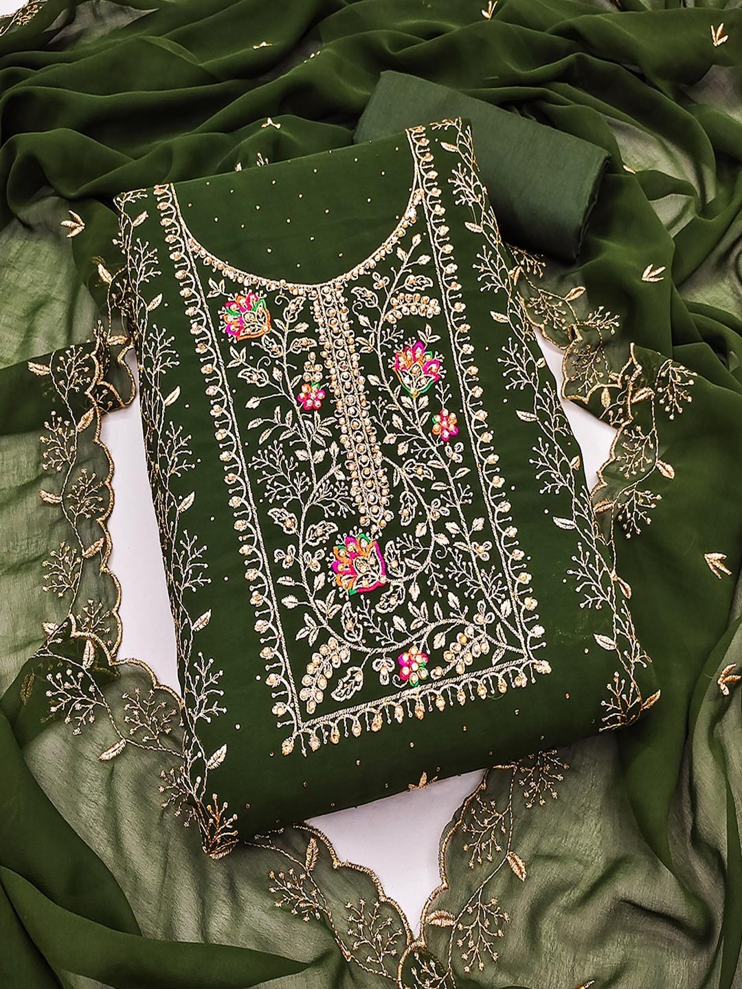 Green Designer Georgette Dress Material Adorned with Fine Golden Thread Embroidery - Image 1