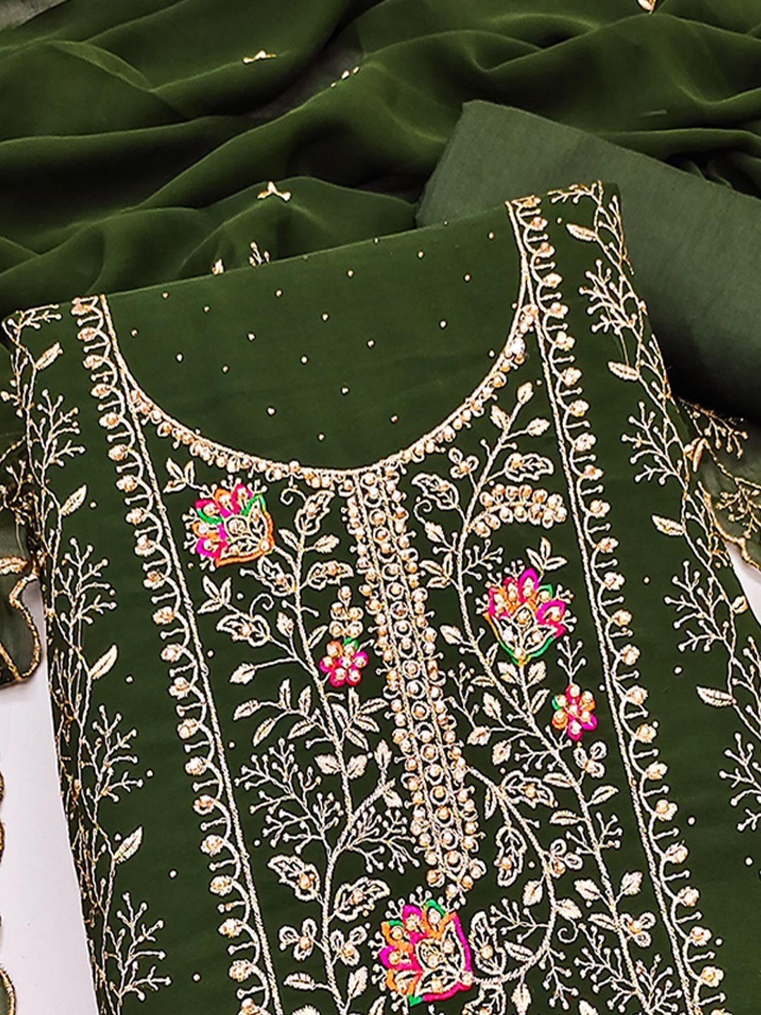 Green Designer Georgette Dress Material Adorned with Fine Golden Thread Embroidery - Image 5