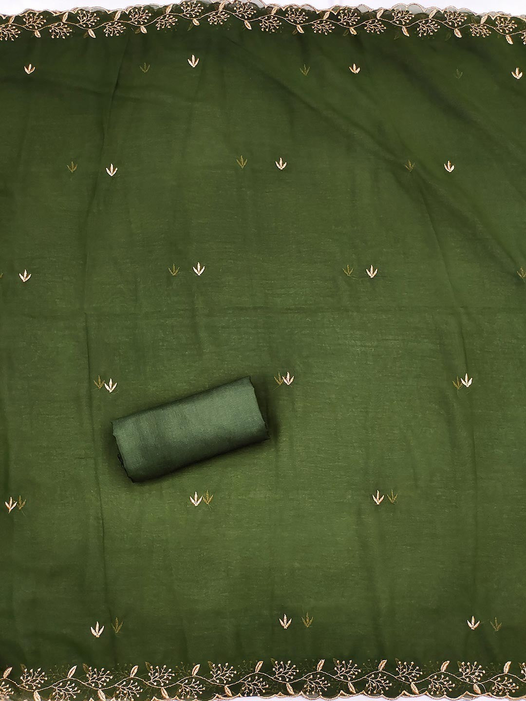Green Designer Georgette Dress Material Adorned with Fine Golden Thread Embroidery - Image 3