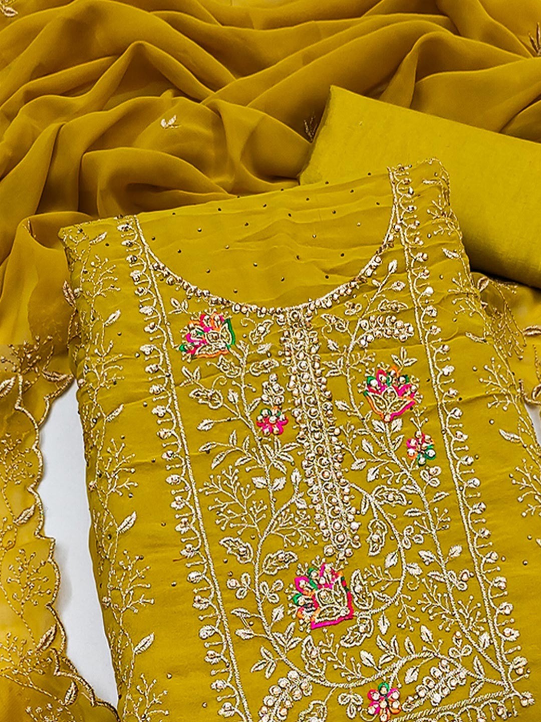 Mustard Designer Georgette Dress Material Adorned with Fine Golden Thread Embroidery - Image 5