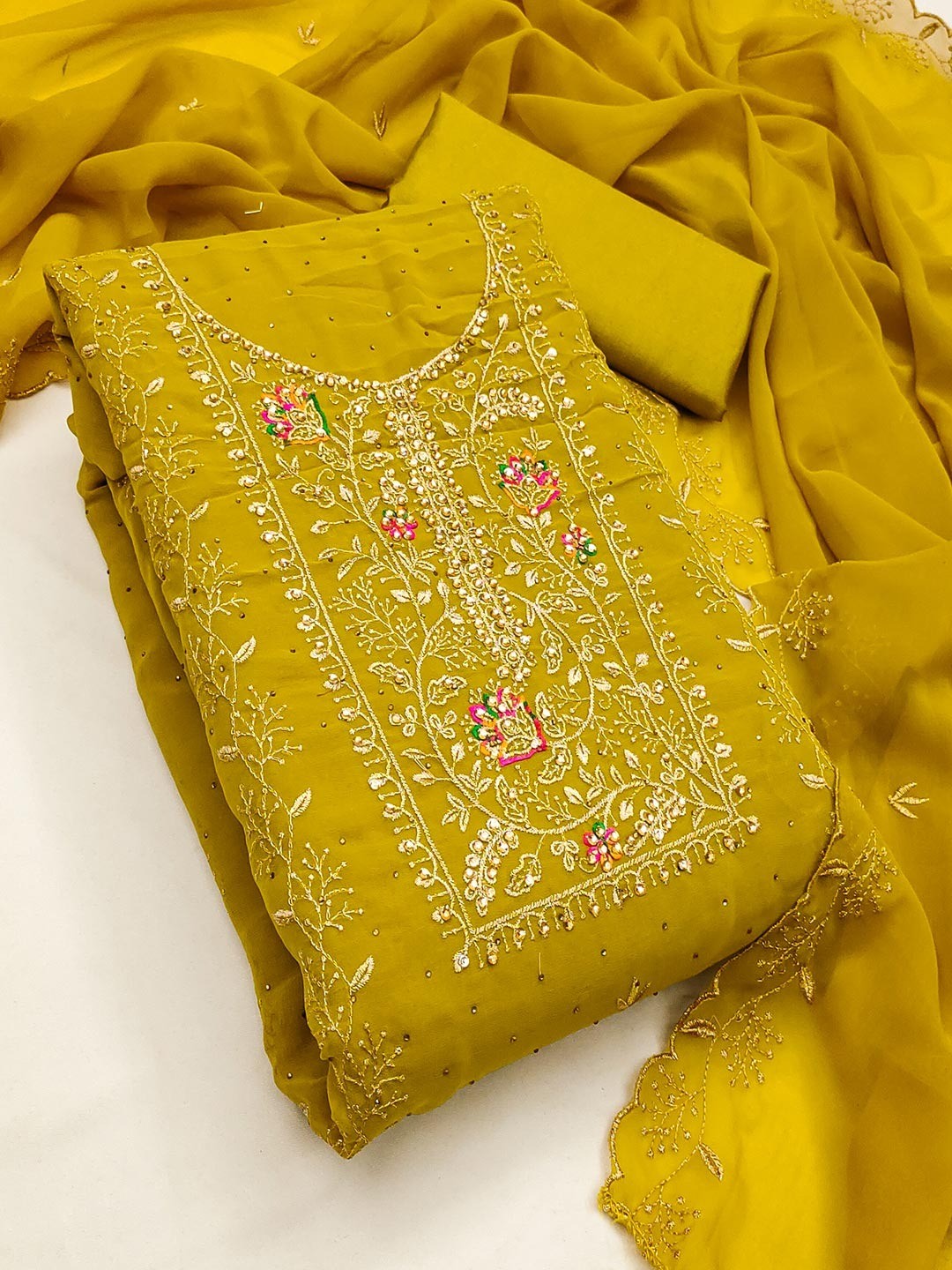 Mustard Designer Georgette Dress Material Adorned with Fine Golden Thread Embroidery - Image 4