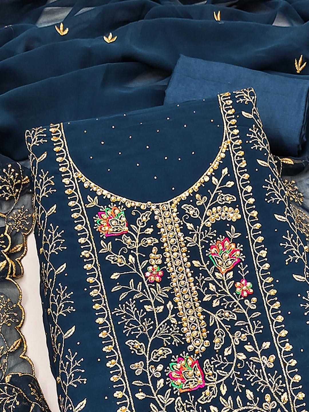 Blue Designer Georgette Dress Material Adorned with Fine Golden Thread Embroidery - Image 5