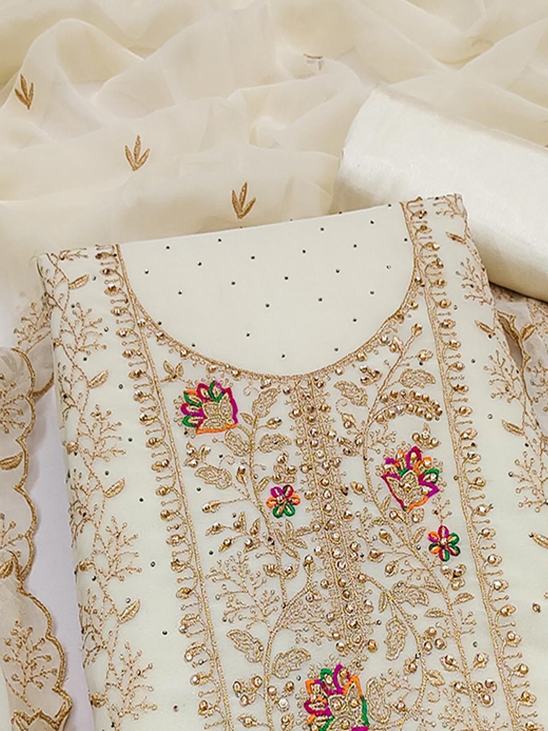 Cream Designer Georgette Dress Material Adorned with Fine Golden Thread Embroidery - Image 5