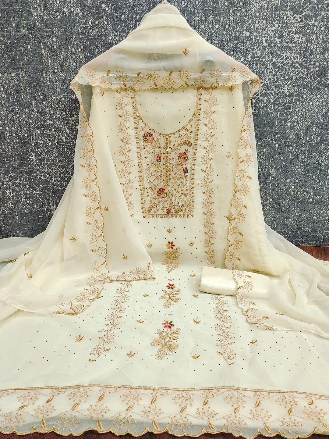 Cream Designer Georgette Dress Material Adorned with Fine Golden Thread Embroidery - Image 2