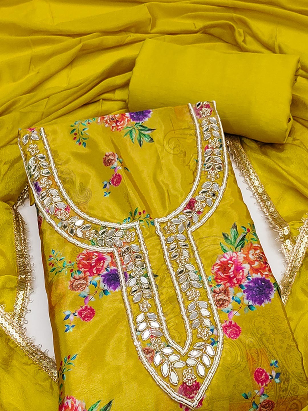 Mustard Floral Printed With Mirror Hand Work On Neck Chinon Silk Dress Material - Image 4