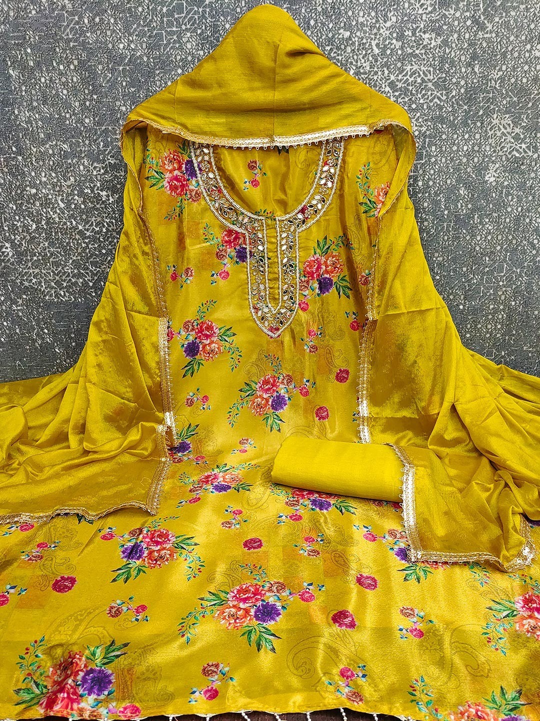 Mustard Floral Printed With Mirror Hand Work On Neck Chinon Silk Dress Material - Image 2