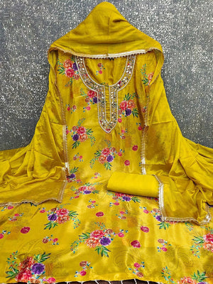 Mustard Floral Printed With Mirror Hand Work On Neck Chinon Silk Dress Material - Image 2