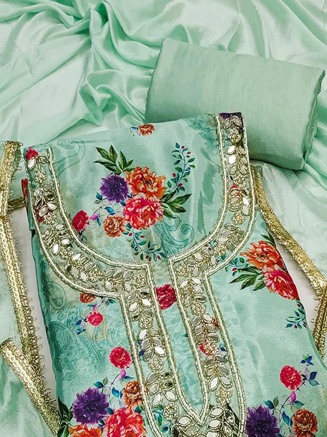 Green Floral Printed With Mirror Hand Work On Neck Chinon Silk Dress Material - Image 4
