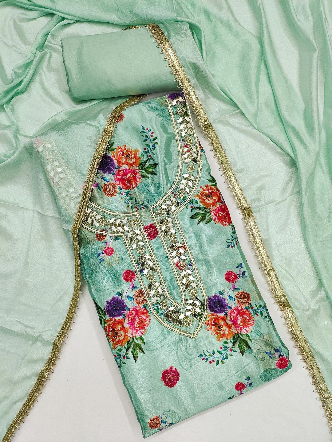 Green Floral Printed With Mirror Hand Work On Neck Chinon Silk Dress Material - Image 3