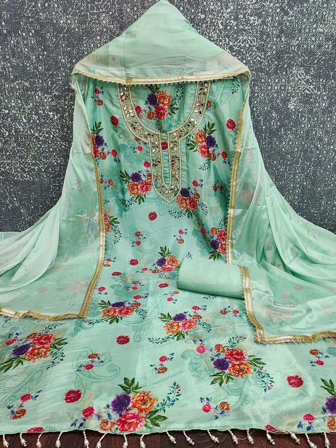 Green Floral Printed With Mirror Hand Work On Neck Chinon Silk Dress Material - Image 2