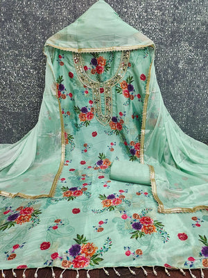 Green Floral Printed With Mirror Hand Work On Neck Chinon Silk Dress Material - Image 2