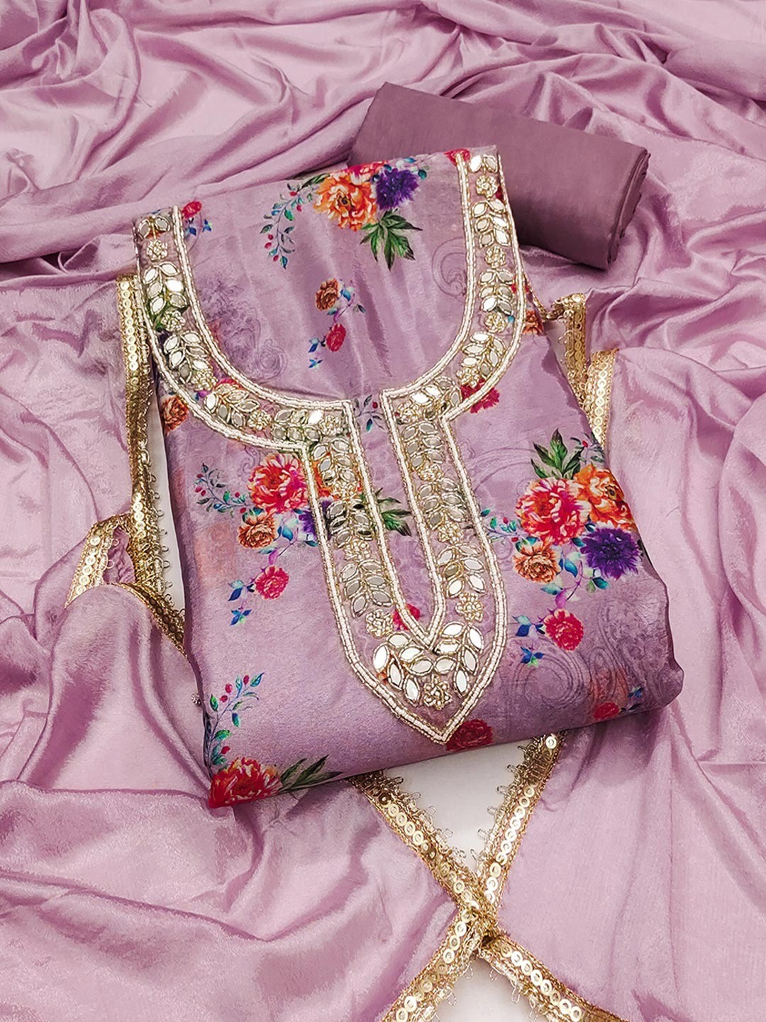 Lavender Floral Printed With Mirror Hand Work On Neck Chinon Silk Dress Material - Image 1
