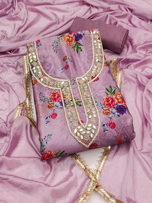 Lavender Floral Printed With Mirror Hand Work On Neck Chinon Silk Dress Material - Image 1
