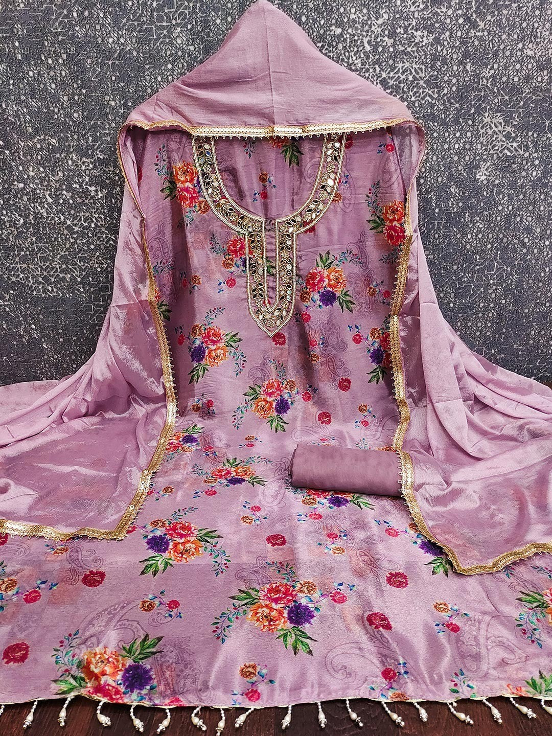 Lavender Floral Printed With Mirror Hand Work On Neck Chinon Silk Dress Material - Image 2