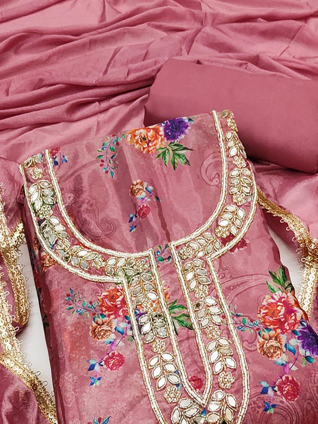 Pink Floral Printed With Mirror Hand Work On Neck Chinon Silk Dress Material - Image 4