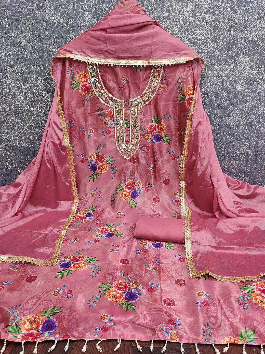 Pink Floral Printed With Mirror Hand Work On Neck Chinon Silk Dress Material - Image 2