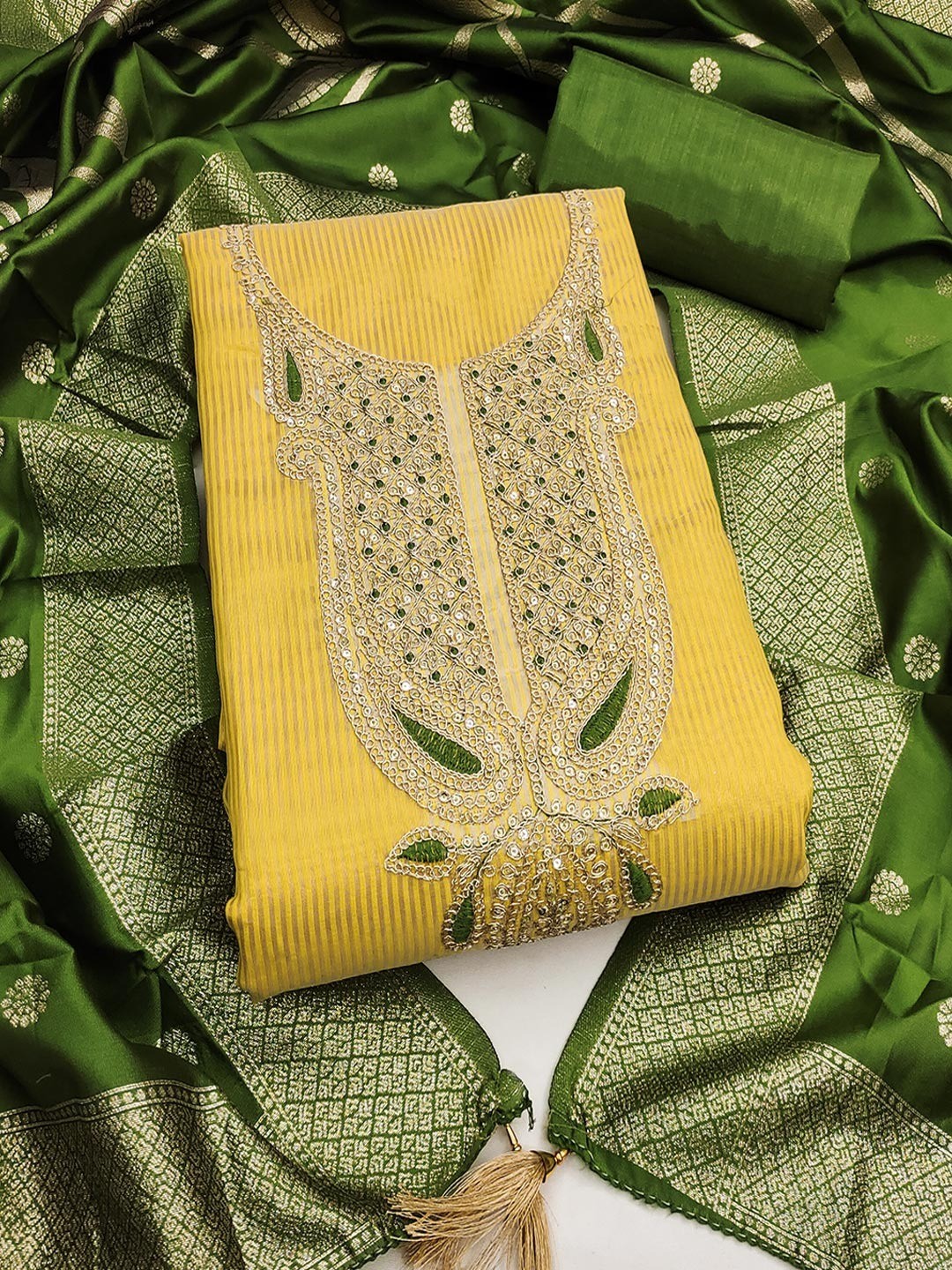 Sophisticated Yellow Striped Weaving Shimmer Dress Material Highlighted By Cording Embroidery - Image 1