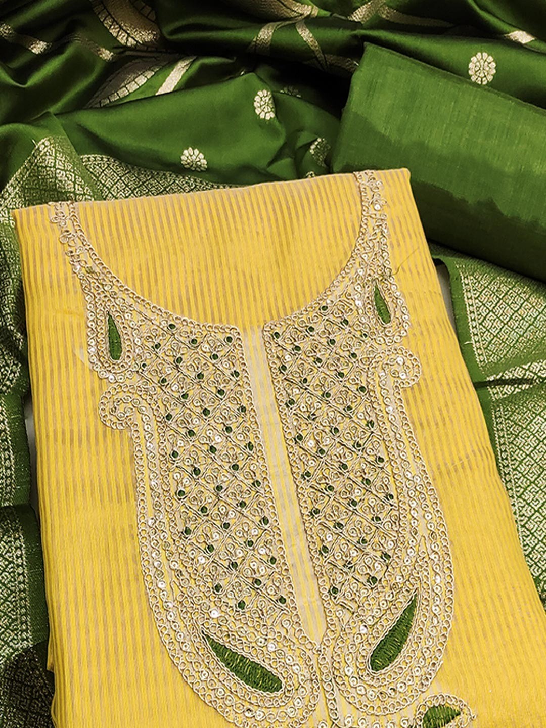 Sophisticated Yellow Striped Weaving Shimmer Dress Material Highlighted By Cording Embroidery - Image 5