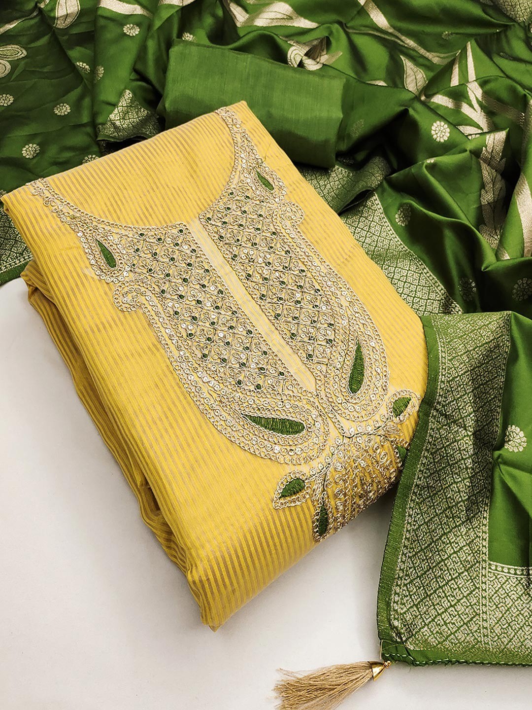 Sophisticated Yellow Striped Weaving Shimmer Dress Material Highlighted By Cording Embroidery - Image 4