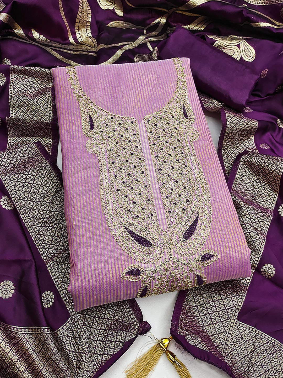 Sophisticated Purple Striped Weaving Shimmer Dress Material Highlighted By Cording Embroidery - Image 1