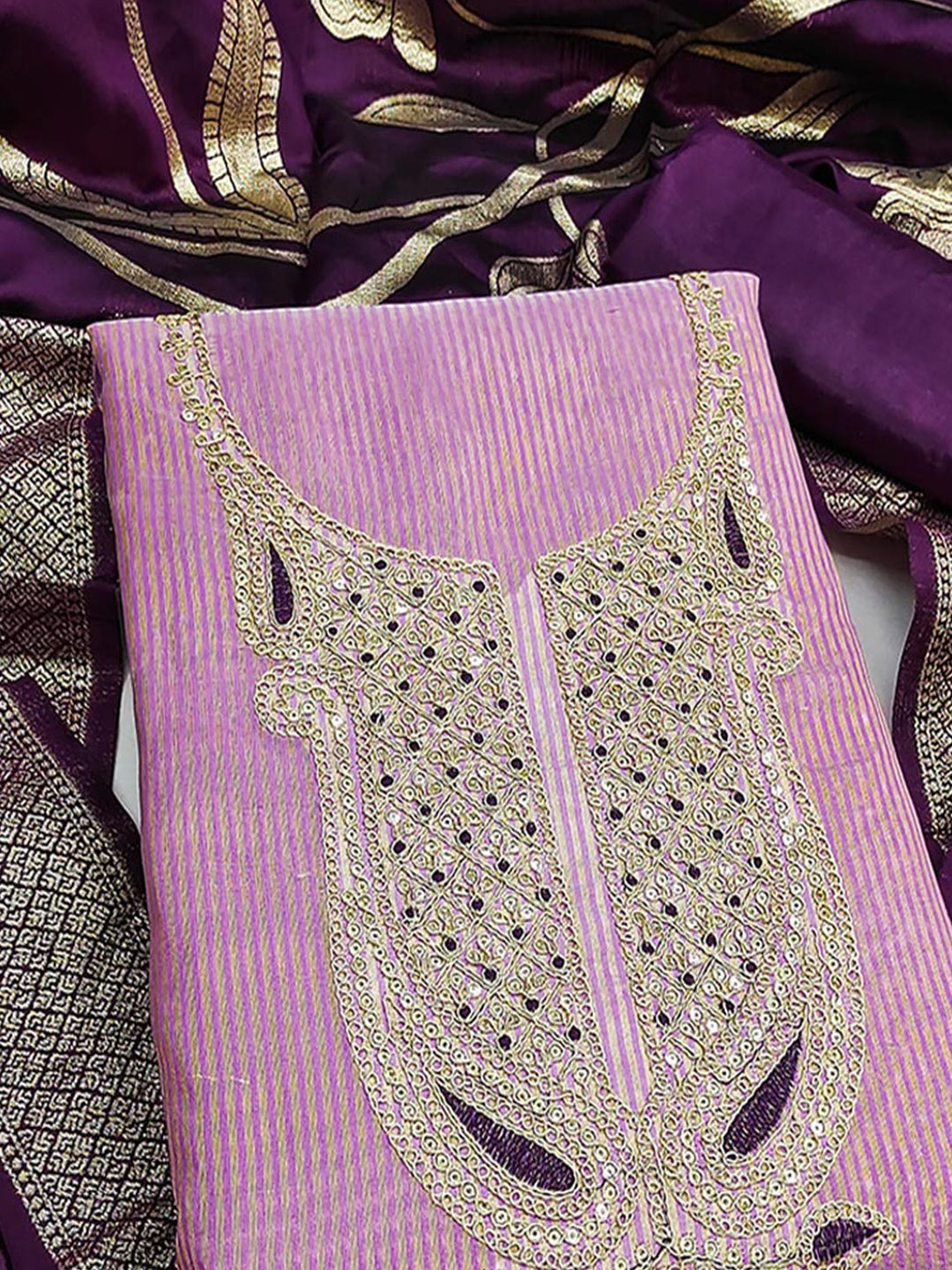 Sophisticated Purple Striped Weaving Shimmer Dress Material Highlighted By Cording Embroidery - Image 5