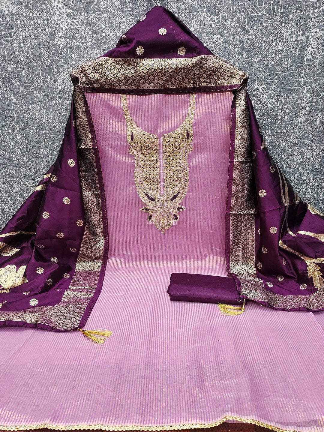 Sophisticated Purple Striped Weaving Shimmer Dress Material Highlighted By Cording Embroidery - Image 3