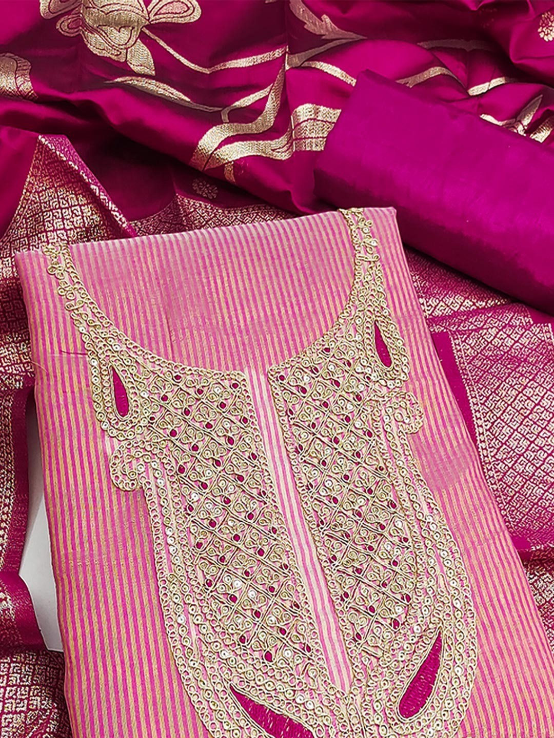 Sophisticated Pink Striped Weaving Shimmer Dress Material Highlighted By Cording Embroidery - Image 5