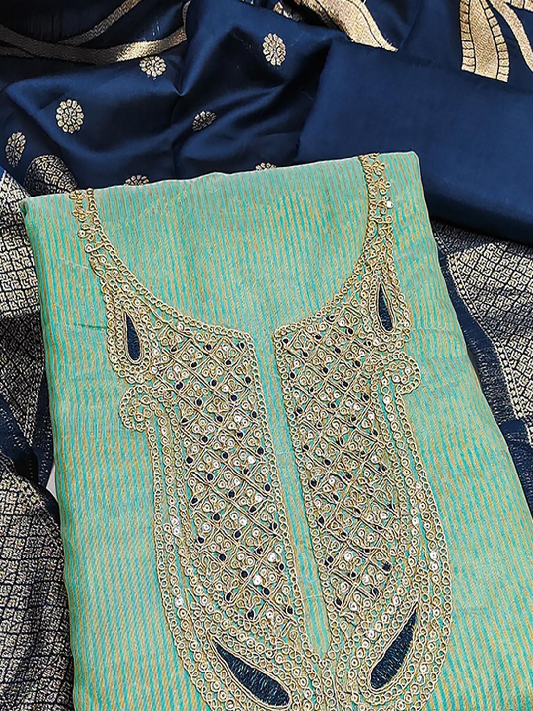 Sophisticated Turquoise Striped Weaving Shimmer Dress Material Highlighted By Cording Embroidery - Image 5