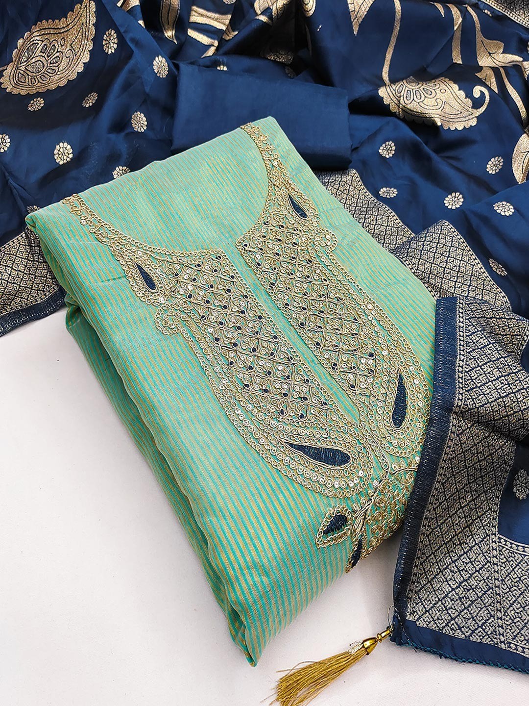 Sophisticated Turquoise Striped Weaving Shimmer Dress Material Highlighted By Cording Embroidery - Image 4