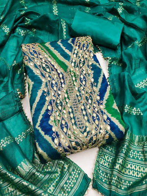 Timeless Ram Green Zig Zag Printed Art Silk Dress Material With Elegant Cording & Sequin Embroidery - Image 1