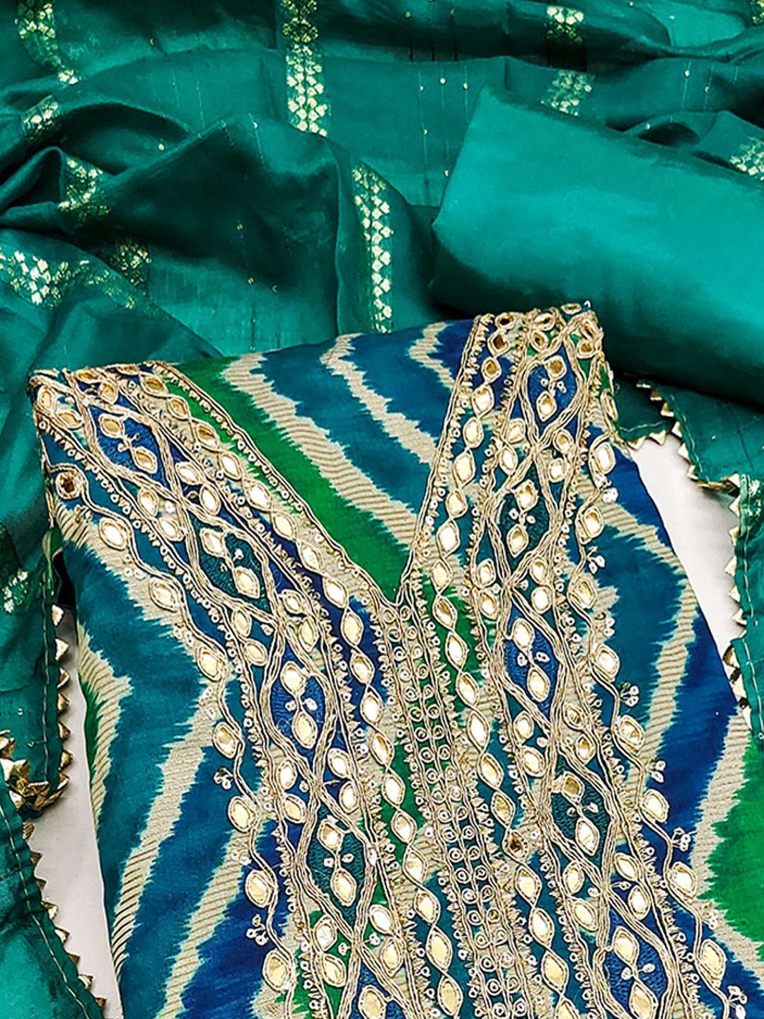 Timeless Ram Green Zig Zag Printed Art Silk Dress Material With Elegant Cording & Sequin Embroidery - Image 5