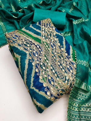Timeless Ram Green Zig Zag Printed Art Silk Dress Material With Elegant Cording & Sequin Embroidery - Image 4