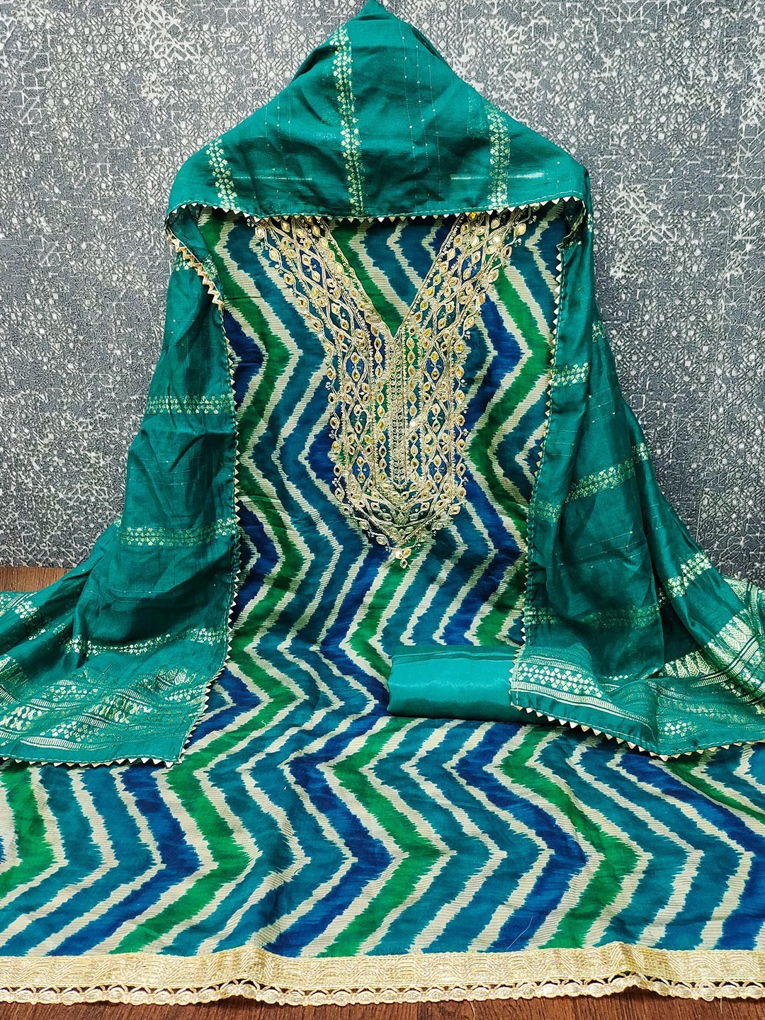 Timeless Ram Green Zig Zag Printed Art Silk Dress Material With Elegant Cording & Sequin Embroidery - Image 3