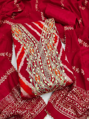Timeless Red Zig Zag Printed Art Silk Dress Material With Elegant Cording & Sequins Embroidery - Image 1