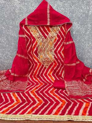 Timeless Red Zig Zag Printed Art Silk Dress Material With Elegant Cording & Sequins Embroidery - Image 2