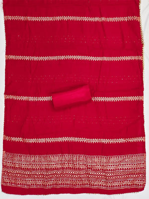 Timeless Red Zig Zag Printed Art Silk Dress Material With Elegant Cording & Sequins Embroidery - Image 2