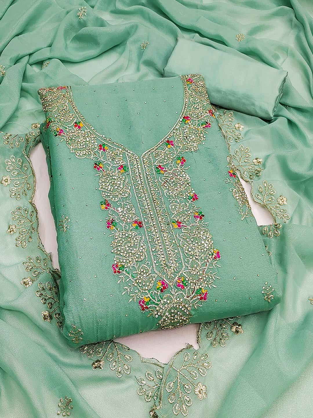 Green Floral Embroidery Georgette Dress Material With Shimmering Zarkan & Diamond Accents - Image 1